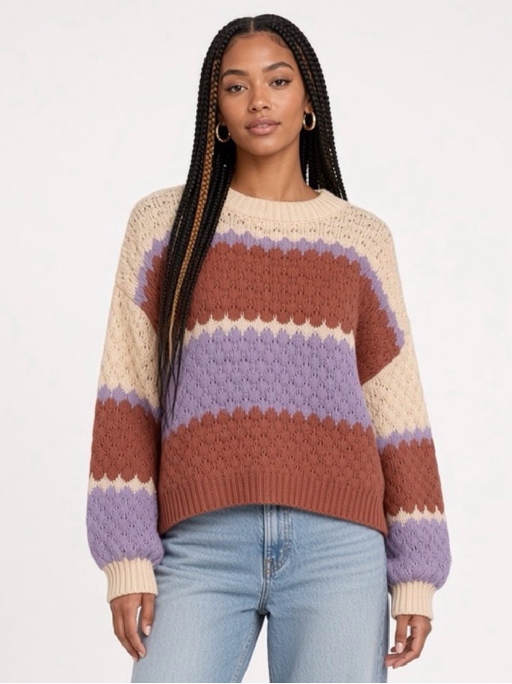 debut Colorblock Knit Sweater L Cream Rust Lavender Slits